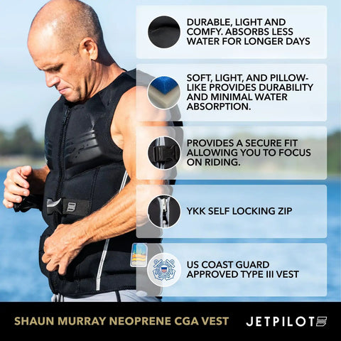 CGA Approved Neoprene PFD Vest For Water Sports Boat Ready Lightweight Flex Lite Foam Black Large, shown worn by a person outdoors.