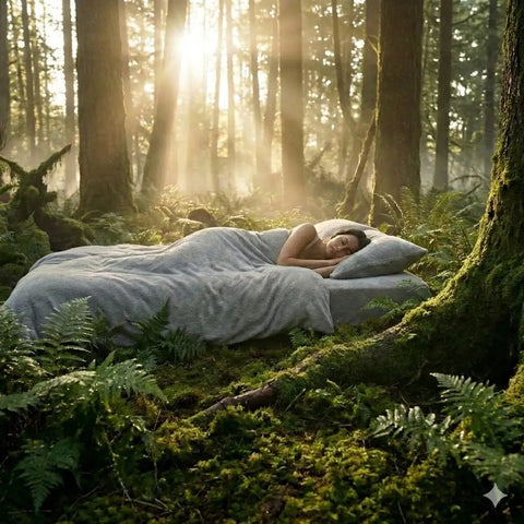 Person sleeping on Grounding Fitted Sheets With 25 Percent Silver Infused Fiber And Cotton in a forest setting