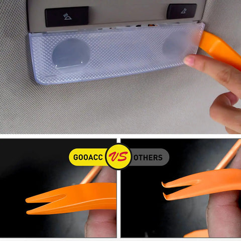 Hands using orange tool to remove car interior panel, part of 680Pcs Car Push Retainer Clips Kit 22 Sizes Nylon Bumper Fender Rivets Fasteners Assortment with Cable Ties for Toyota GM Ford Honda Chevy.