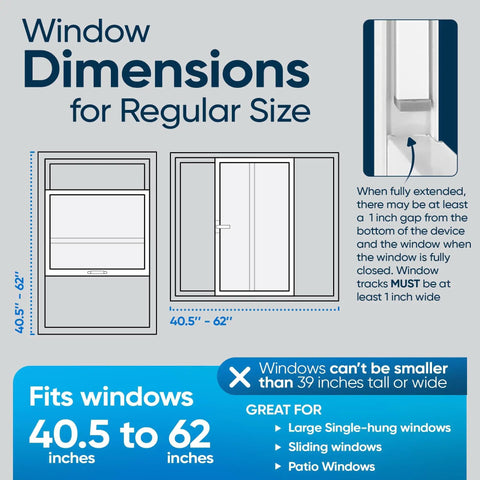 Window dimensions diagram for Adjustable Window Security Bar And Sliding Door Lock For Home And Apartment, fits 40.5 to 62 inches.