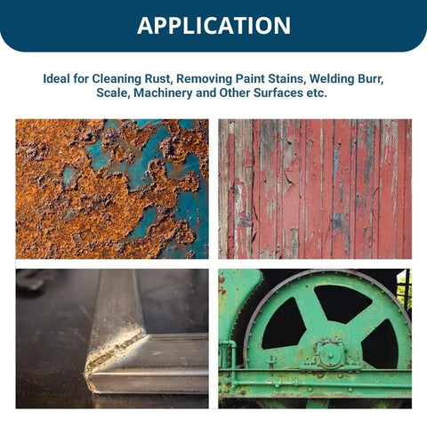 Applications of Heavy Duty One And One Half Inch Grinder Mounted Crimped Wire Wheel For Drill include rust removal and surface cleaning on metal.