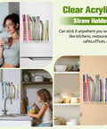 Adhesive Cabinet Door Mount Acrylic Straw Holder With Six Jumbo Compartments That Totally Eliminates Countertop Junk And Keeps Every Favorite Reusable Tumbler Straw Super Clutch For On The Go Sipping mounted on a kitchen fridge with colorful straws.