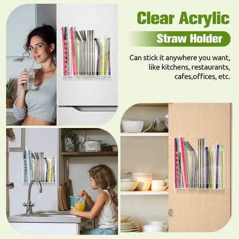Adhesive Cabinet Door Mount Acrylic Straw Holder With Six Jumbo Compartments That Totally Eliminates Countertop Junk And Keeps Every Favorite Reusable Tumbler Straw Super Clutch For On The Go Sipping mounted on a kitchen fridge with colorful straws.