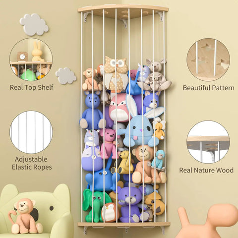 Wood Corner Stuffed Animal Storage Organizer With Star Pattern Adjustable Hanging Toy Shelf for nursery, filled with toys.