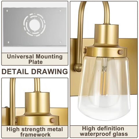Three Light Matte Black Vanity Light Fixture With Clear Glass Shades For Bathroom Farmhouse Rustic Style Above Mirror Dope Look, detail drawing showing gold metal framework and mounting plate.
