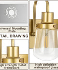 Detail of 4 Light Vanity Light in Painted Gold Finish, clear glass shades, metal framework, universal mounting plate.