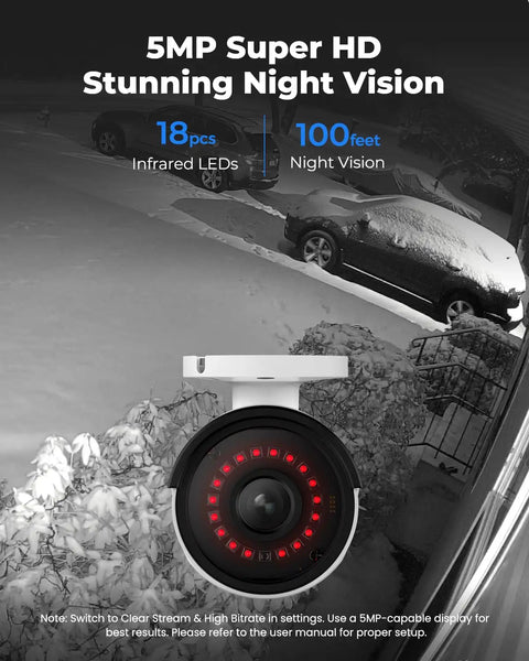 5MP Super HD Night Vision camera from 16 Channel 5MP PoE Home Security System With 8 Outdoor Wired Cameras, 100ft range visible.