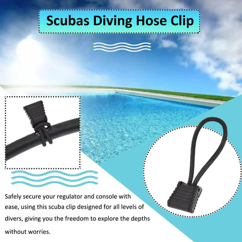 Image of 4 Pack Diving Hose Holder Clips For Scuba Gear with bungee and shock cord shown by a pool