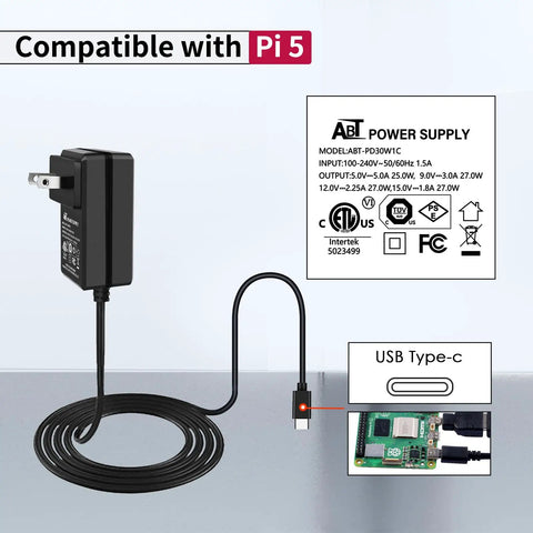 Dope 27W USB C PD Power Supply For Raspberry Pi 5 Charger With Stable 5V Output, labeled showing compatibility with Pi 5, USB Type-C