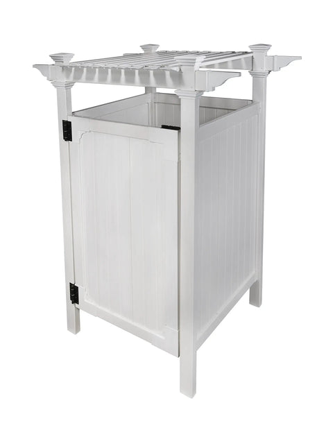 Spacious White Vinyl Outdoor Shower Enclosure With Privacy Door For Pool And Beach No Muss No Fuss Post Mount Rinse Off Station side view