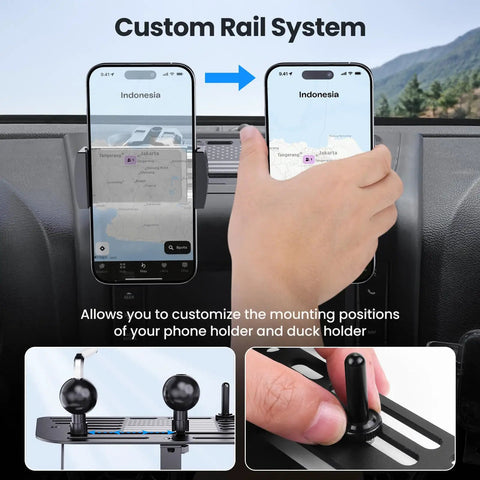Heavy Duty Metal Phone Mount For Jeep Wrangler JK JKU 2011 To 2018 Dash Holder showing custom rail system for hands-free use