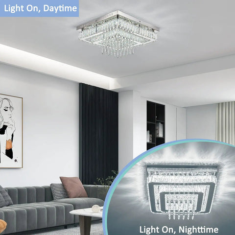 16 Inch LED Chandelier Square Crystal Flush Mount Ceiling Light Fixture for living room, day and night view