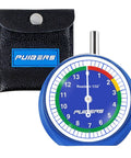 32nds Tire Tread Depth Gauge With Glow In The Dark Luminescent Dial And Storage Bag shown with blue dial and black case.