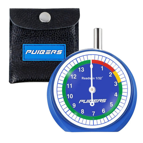 32nds Tire Tread Depth Gauge With Glow In The Dark Luminescent Dial And Storage Bag shown with blue dial and black case.