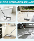 3 In 1 Floor Scrub Brush With 54 Inch Adjustable Long Handle Scraper And Squeegee, V Brush For Grout shown in various cleaning scenarios