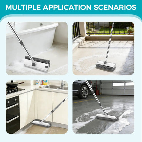 3 In 1 Floor Scrub Brush With 54 Inch Adjustable Long Handle Scraper And Squeegee, V Brush For Grout shown in various cleaning scenarios
