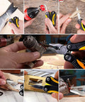 Mini 12-in-1 multitool knife with pliers; collage showing blade, bottle opener, and cutting tasks.