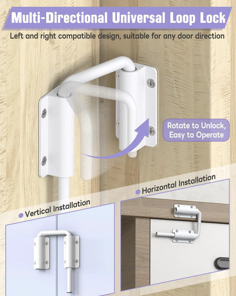 Multi Angle Sliding Door Loop Lock For Barn Doors, Windows, Closets, Fences And Sheds, 90/180 Degree Aluminum Alloy Patio Lock Latch, U Bolt Security, White, 1 Piece, Easy Install, Built To Last And Anti Snag Design, shown with vertical and horizontal installation on wooden surfaces.