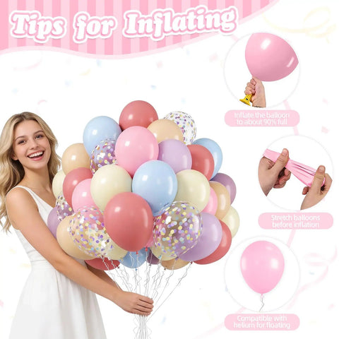 Woman holding Pastel Balloons Party Bundle 50 Pcs Confetti Latex Balloons in Light Pink Yellow Blue 12 Inch, ideal for celebrations.