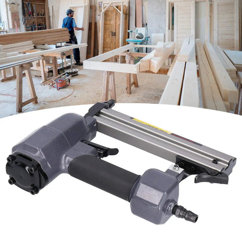 Heavy Duty Pneumatic Brad Nailer And T Nail Gun For Woodworking And Home Improvement Smooth Shooting Stapler with side view and magazine.