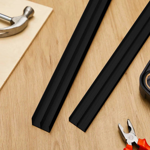 Two Sets Of Four Foot Plastic Sliding Door Track Hardware For One Half Inch Panel Doors Black Includes Upper And Lower Tracks Easy Quick Installation For Cabinet Closet And Glass Sliding Doors shown with tools