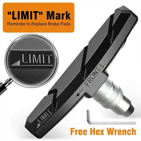 Close-up of Six Pack Bike Brake Pads Set For Front And Rear Wheels, 70mm V-Brake Shoes with 'LIMIT' mark and free hex wrench.