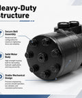 Low Speed High Torque Orbital Hydraulic Motor With Bidirectional Drive For Reversible Rotation In Hydraulic Systems And Industrial Equipment, Beefy Durable Powerhouse Built For Precise Slow Spin And Heavy Lifting, black bolted housing