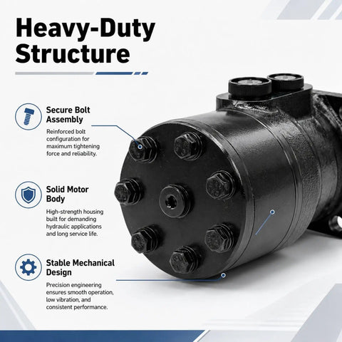 Low Speed High Torque Orbital Hydraulic Motor With Bidirectional Drive For Reversible Rotation In Hydraulic Systems And Industrial Equipment, Beefy Durable Powerhouse Built For Precise Slow Spin And Heavy Lifting, black bolted housing