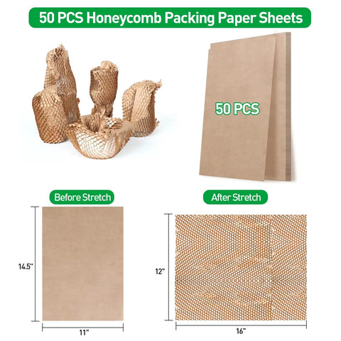Eco Friendly Honeycomb Packing Paper Cushioning Wrap Sheets Biodegradable Kraft Paper Alternative To Bubble Wrap Expanded Size 12 By 16 Inches Unexpanded 14.5 By 11 Inches Move Day Must Have For Moving Shipping Gifts showing expanded and unexpanded sheets