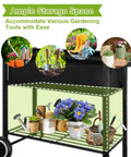 Raised Garden Bed On Legs With Wheels For Outdoor Plants An Elevated Planter Box Cart displaying ample storage space for gardening tools