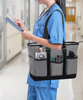 Nurse Tote Bag With Padded 15.6 Inch Laptop Sleeve For Work, gray shoulder bag with built-in pockets carried by a nurse in a hallway