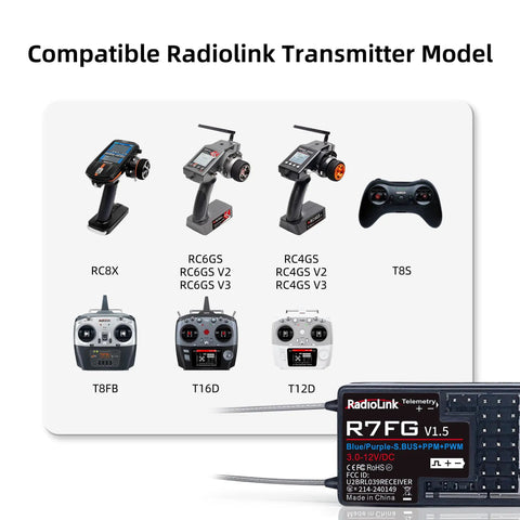 R7FG 7 Channel Gyro Receiver 2.4GHz Telemetry Long Range For RC Cars And Boats With compatible transmitters display chart
