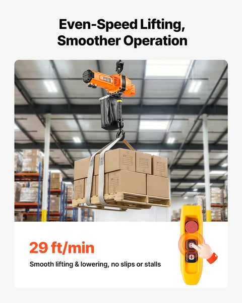 Heavy Duty 2200 Lbs Electric Chain Hoist With 10 Ft Lift, 120V Single Phase Motor lifting boxes at 29 ft/min in a warehouse.