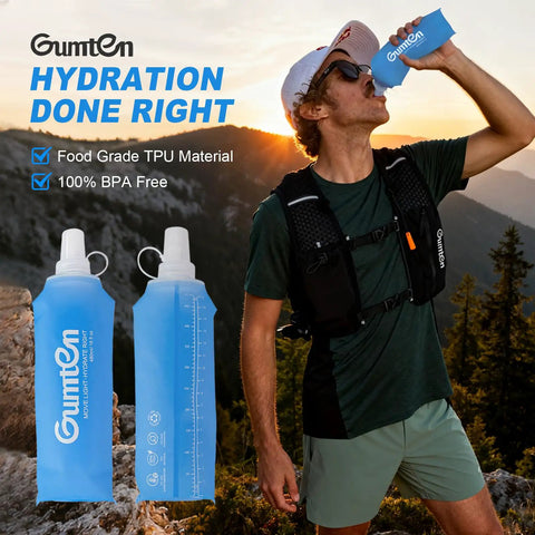 Man drinking from Soft TPU Water Bottle 480ml BPA Free Collapsible Leak Proof Hydration Flask For Running Vests Marathon Hiking And Cycling
