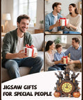 Collage of people exchanging gifts, Halloween Castle 3D Puzzle Clock Kit For Adults With Pendulum DIY Wooden Clock Puzzle featured.