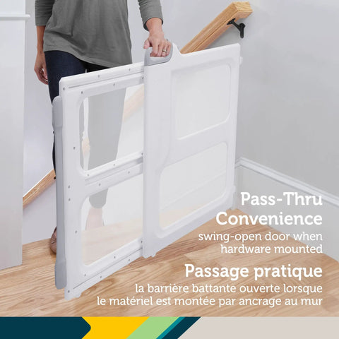 Adjustable White Baby Safety Gate With Dual Mount Capability, swing-open door, Extends From 28 To 42 Inches, Ideal For Stairs, Easy Install