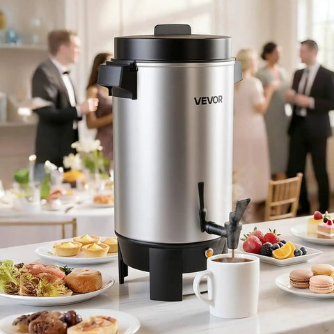 Big Batch 40 Cup Coffee Urn With Dripless Faucet And 203oz Capacity on buffet table at event