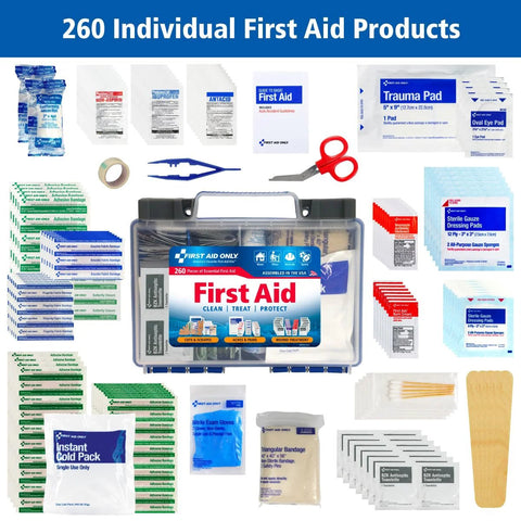 Front view of First Aid Only 260-piece OSHA-compliant first aid kit in a blue-gray plastic case