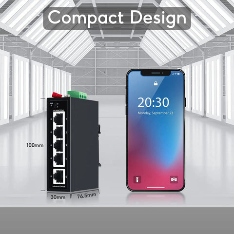 Built Tough 5 Port Industrial DIN Rail Ethernet Switch With 4 Ports And 1 Uplink next to smartphone for size comparison