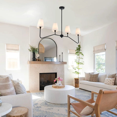 Classic Linear Linen Pendant Light With Off White Fabric Shade 4 Light Sleek Modern Kitchen Island Chandelier in Living Room