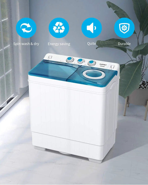Slick Portable Twin Tub Mini Washing Machine Handling A Fast 26 Lbs Wash And Spin Cycle Semi Automatic Setup With Straightforward Drain Pump For Dorm Life Or Tight Quarters, white and blue design in a modern setting.