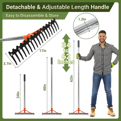 Heavy Duty Garden Rake With 17 Tempered Spring Steel Tines And 62 Inch Stainless Steel Adjustable Handle shown with dimensions