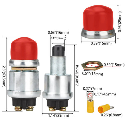 Waterproof Push Button Starter Switch 12V 24V 50A For Cars Boats Trucks And Tractors Engines With Neoprene Cover Momentary SPST Off To On Red Finish Built Tough Heavy Duty, dimensions