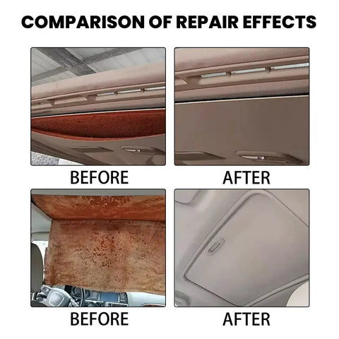 Comparison of car roof liner before and after using 200 Ml Headliner Repair Glue With Brush For Cars Quick Roof Liner Fix And Upholstery Adhesive Car Roof Fabric Glue That Tackles Saggy Headliners Fast Household And Auto Interior Repair Made Easy.