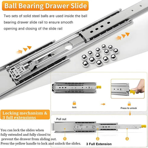 62 Inch Beefy Heavy Duty Drawer Slides With Lock And Full Extension Ball Bearing Rails, 500 Lb Capacity, Side Mount Glides