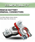 Top Shelf Battery Terminal Connectors For Nissan Altima Maxima Sentra Owners, two clamps in metallic finish with red and black caps.