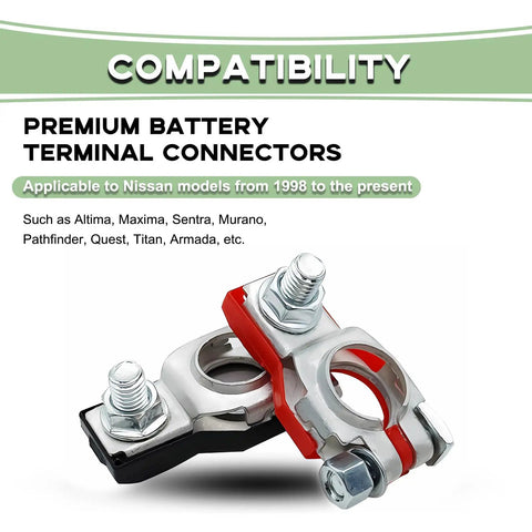 Top Shelf Battery Terminal Connectors For Nissan Altima Maxima Sentra Owners, two clamps in metallic finish with red and black caps.