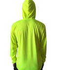 Back view of Hi Viz Hooded Long Sleeve Safety Work Shirt 2 Pack Neon Yellow Breathable Birdseye Polyester UPF 50 Plus Sun Protection