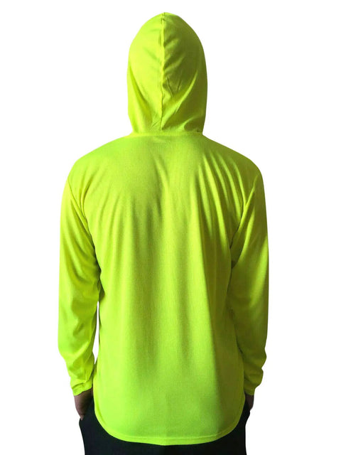 Back view of Hi Viz Hooded Long Sleeve Safety Work Shirt 2 Pack Neon Yellow Breathable Birdseye Polyester UPF 50 Plus Sun Protection
