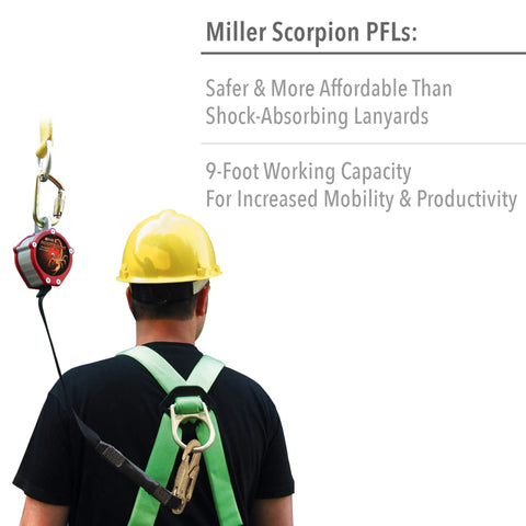 Worker with hard hat using Scorpion 9 Foot Personal Fall Limiter With D Ring Swivel Hook And Steel Locking Snap Hook 310 Lb Capacity